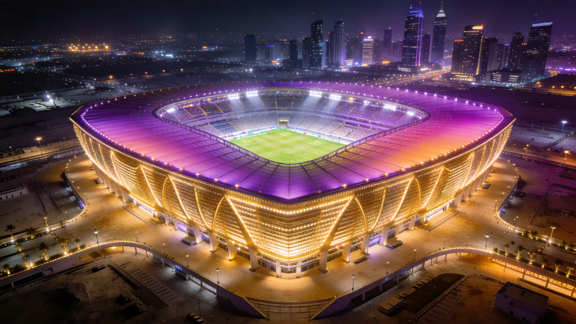 2026年世界杯主体育场宏伟夜景，灯光璀璨